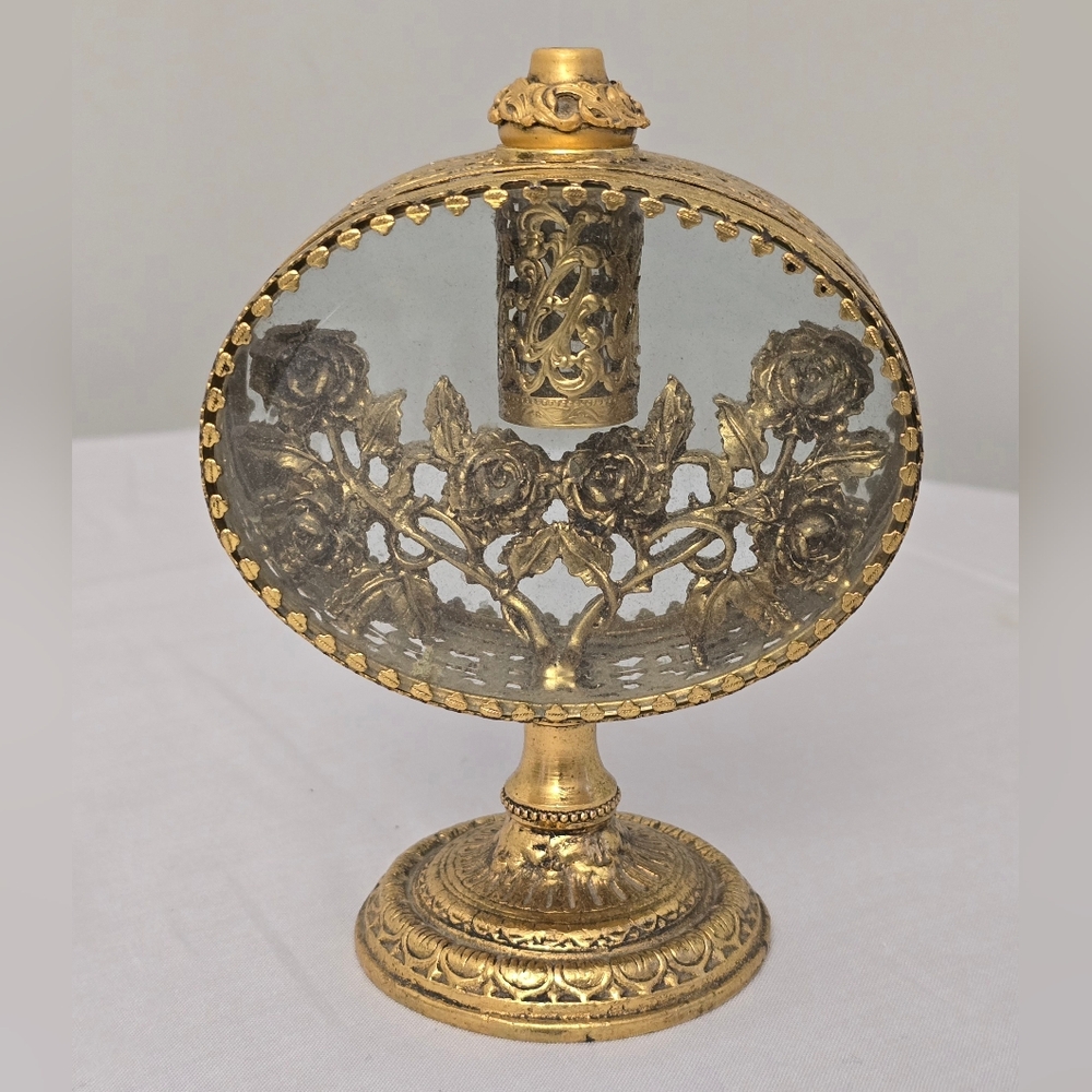 Ormolu Gold Filigree Perfume Bottle Oval Beveled Glass & Roses Motif NO TOPPER